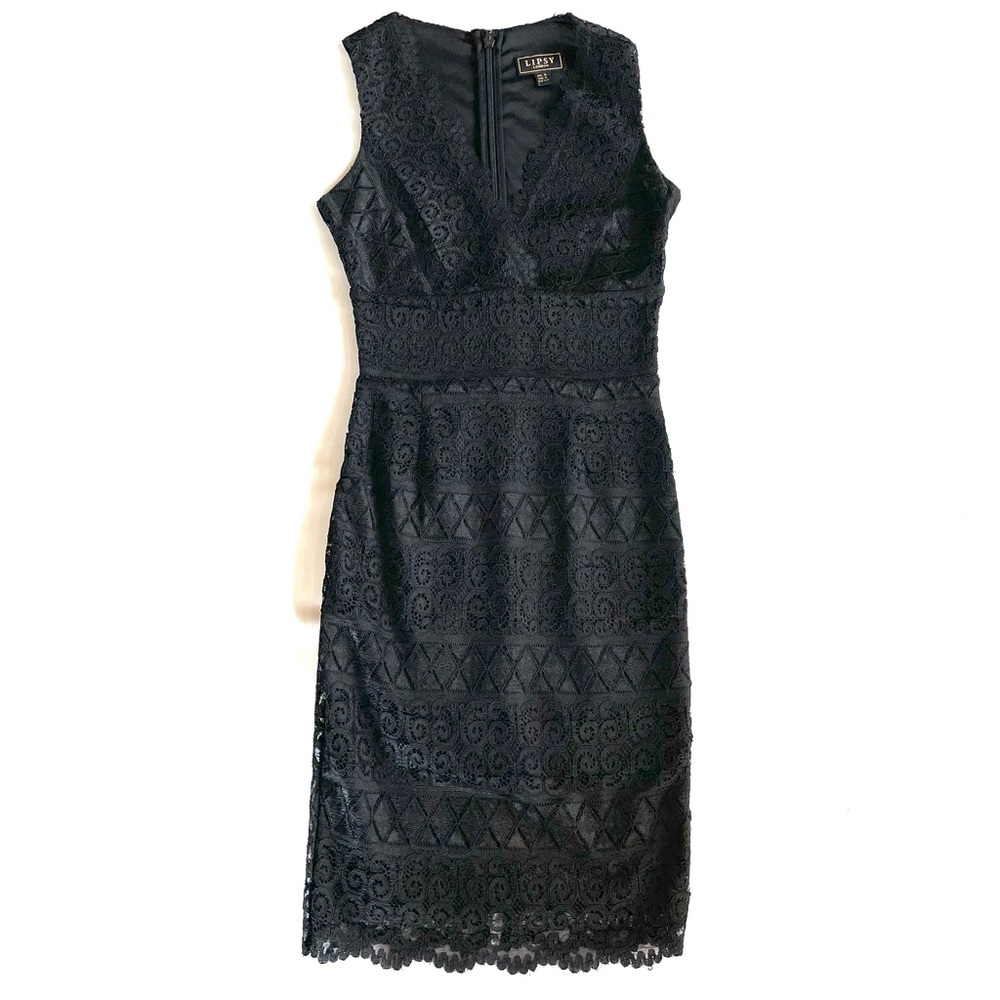 Lipsy London Dress Womens Midi Bodycon Black Scallop Lace Size 2